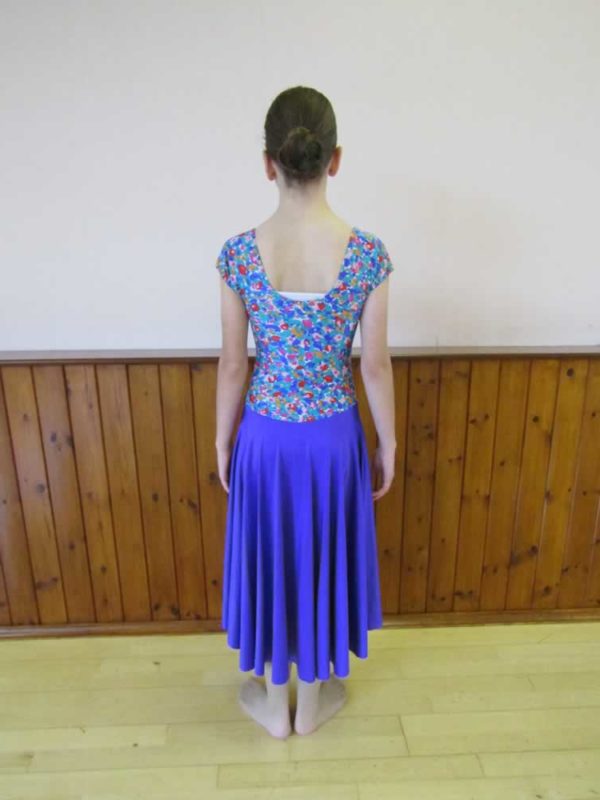 Floral print top with attached purple lycra skirt